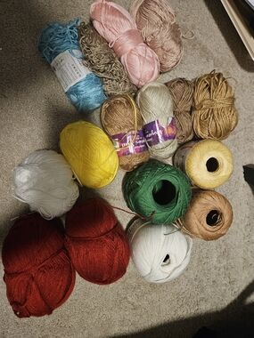 Assorted Yarn Lot in Red, Green, Yellow, White, Brown, Pink & Blue